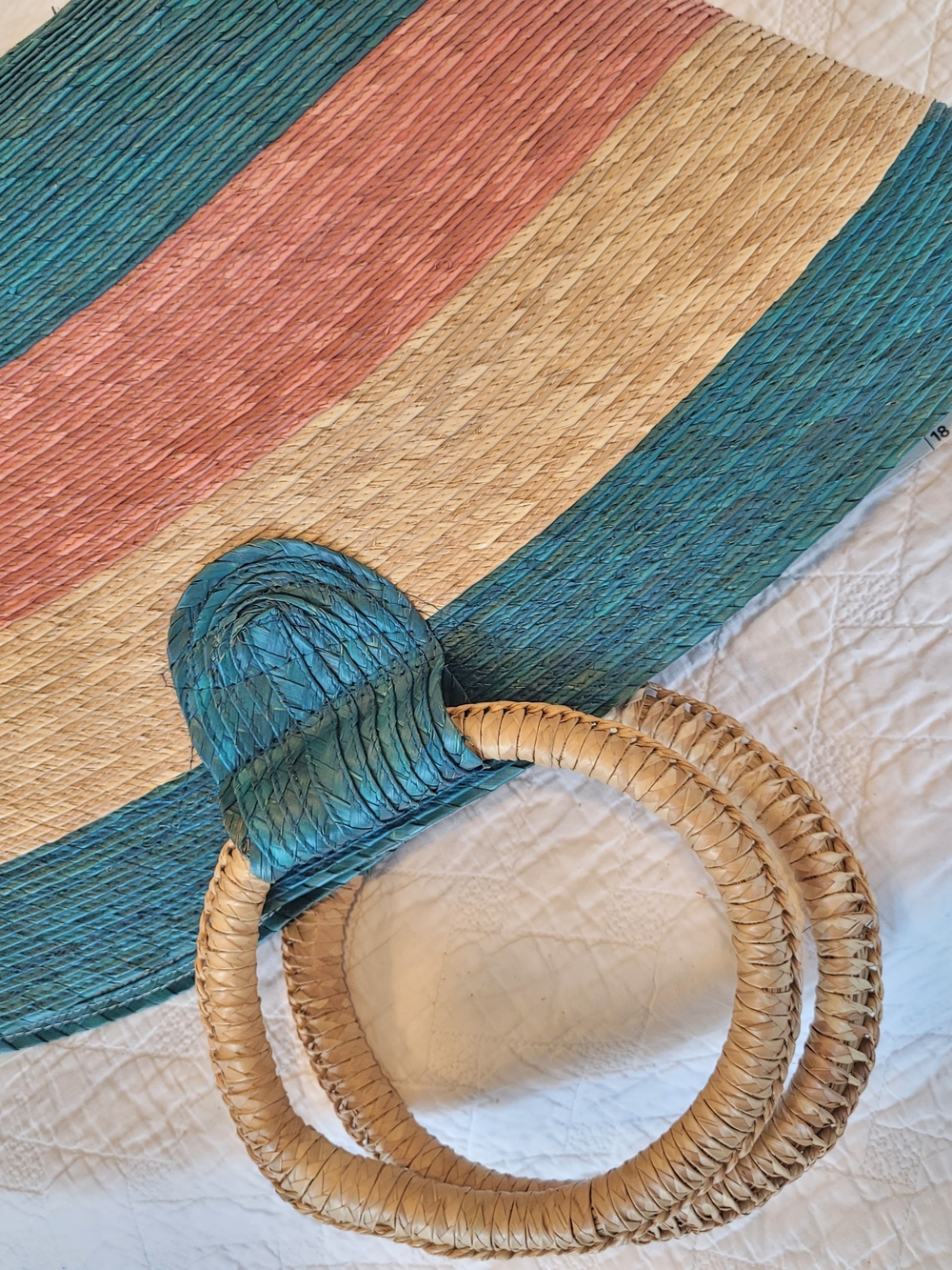 Woven Straw Circle-Handle Beach Tote in Teal, Pink & Natural, Velcro Closure - Picture 9 of 9